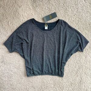 Espresso Shimmer Black Batwing Dolman Sleeve Cropped Top Large NEW Metallic Gray